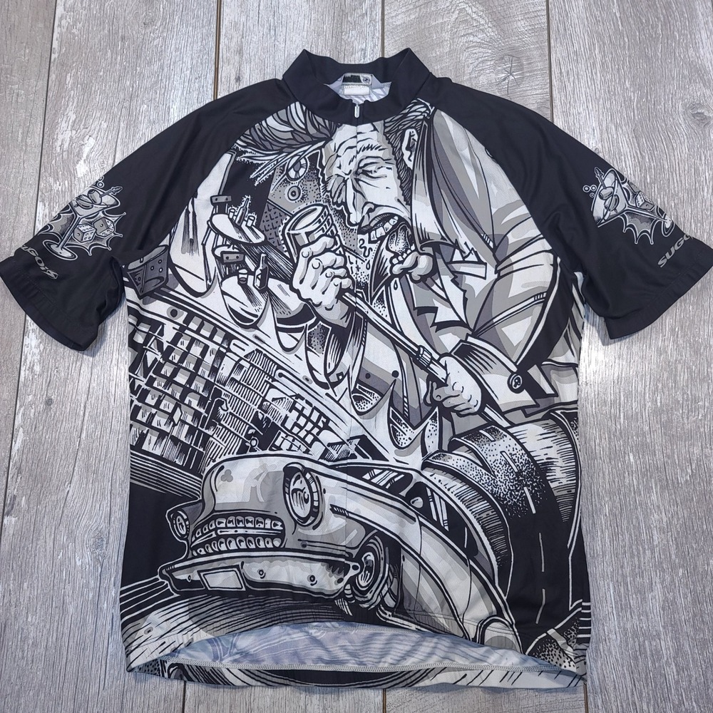 Sugoi Cycling Jersey Mens XL Black White Rockabilly Graphic Short Sleeve Zip